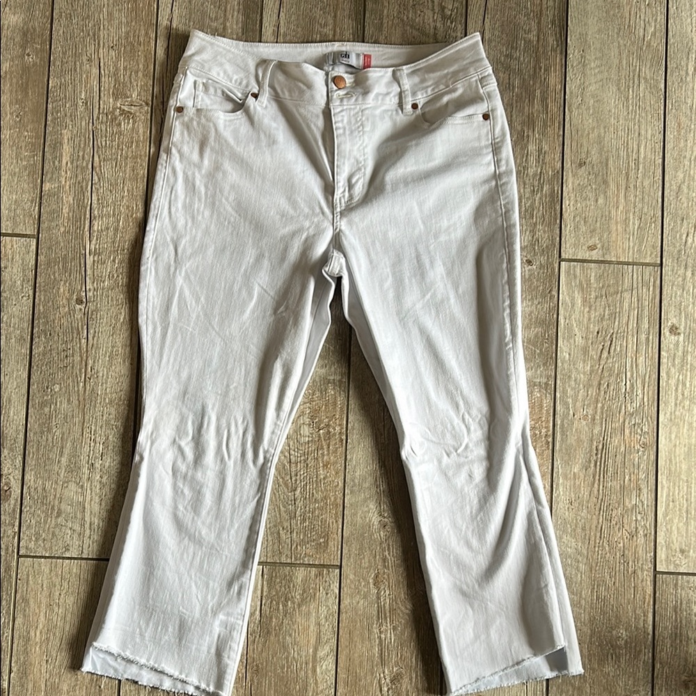 CABI:  White Hi-Low Cropped Jeans with Straight Leg Fit